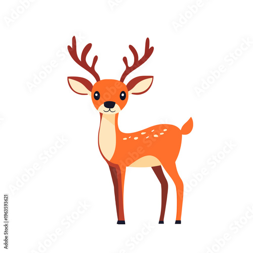 Cute Cartoon Deer Character. Isolated Vector Illustration. Bambi Fawn with Spots, Antlers, Big Eyes, Standing on White Background. Woodland Animal for Kids Design, Baby Shower Decor (200)