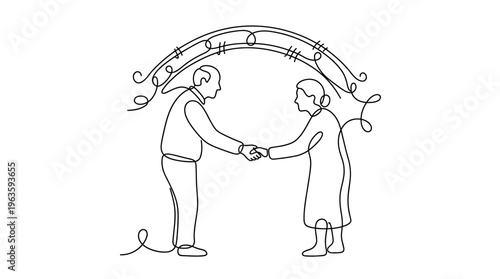 Elderly Couple Holding Hands With Bridge of Shared Years, Lifelong Love, Single Line Art