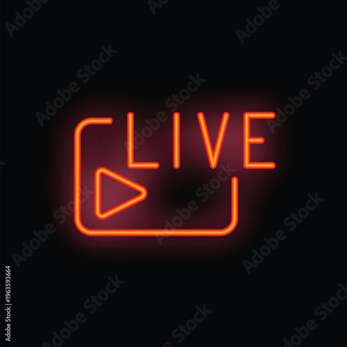 Neon sign is glowing red with the word live above a play button in a frame