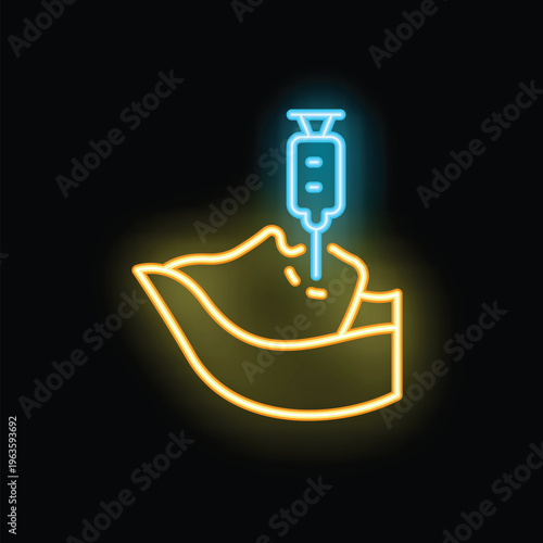 Bright neon icon of a syringe injecting a substance into a buttock, representing concepts like vaccination or medical treatments