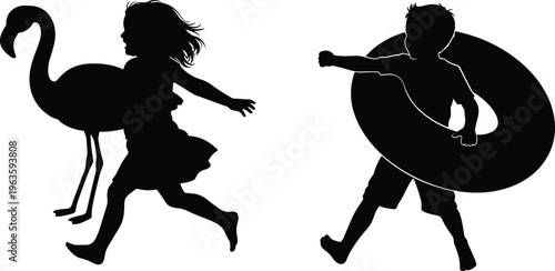 Silhouettes of Children Running with a Flamingo Float and an Inner Tube girl