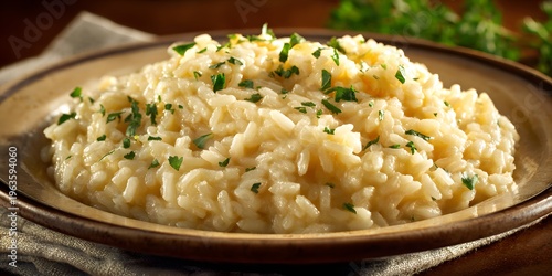 Creamy italian parmesan risotto garnished with fresh green parsley served on a rustic ceramic plate in a warmly lit dining room setting for a gourmet dinner experience