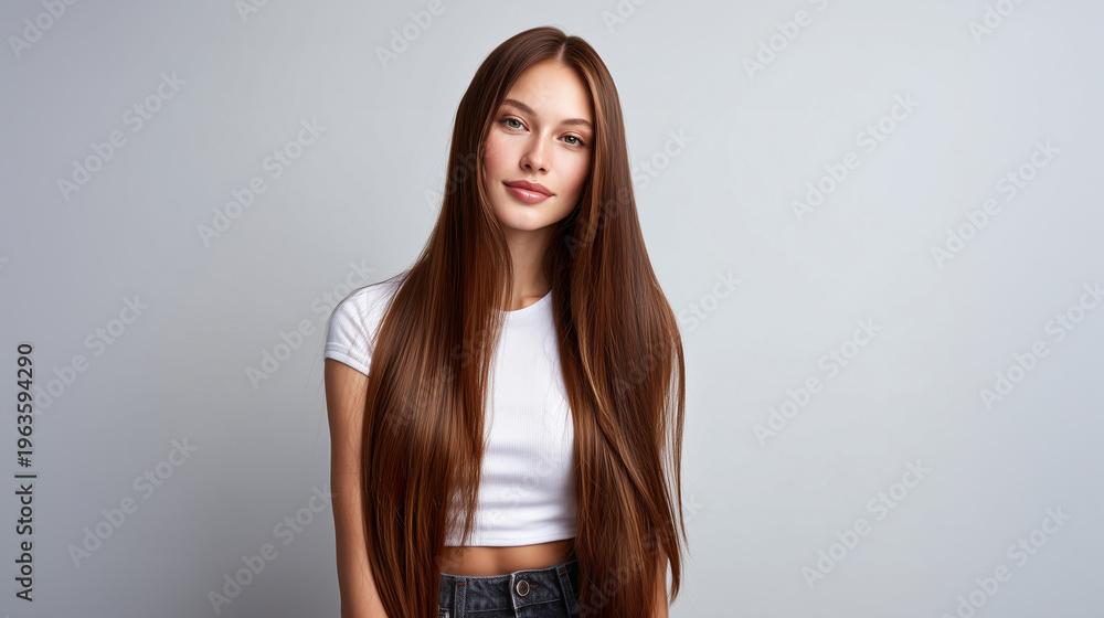 Naklejka premium long straight hair, young woman portrait, healthy hair, beauty model, hair care concept, smooth shiny hair, studio portrait, natural beauty, female model,