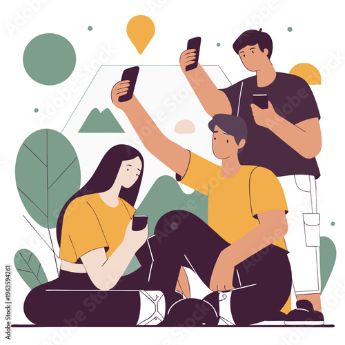 Modern Friends Taking Selfies and Staying Connected with Their Mobile Devices Flat Vector Social Media Concept