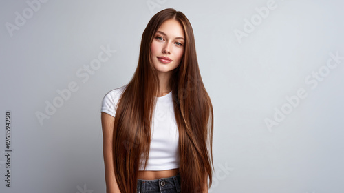 long straight hair, young woman portrait, healthy hair, beauty model, hair care concept, smooth shiny hair, studio portrait, natural beauty, female model,