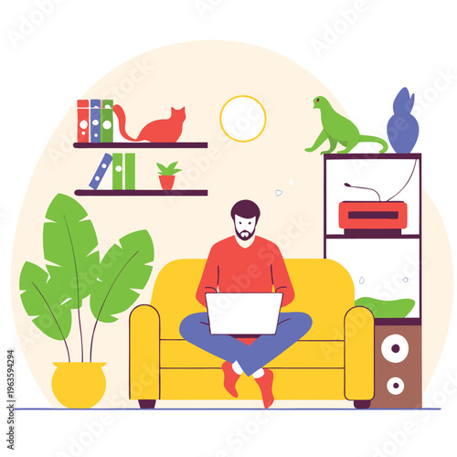 Modern Illustration of Person Working on Laptop at Home with Cat and Plant