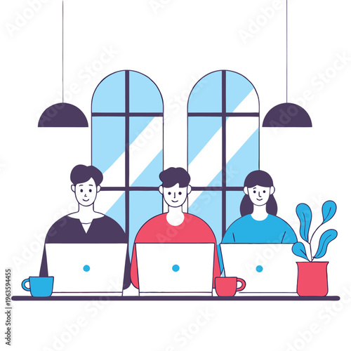 Office Teamwork Creative Collaboration Illustration Laptop Workspace Coworkers Business Meeting Flat Design Style
