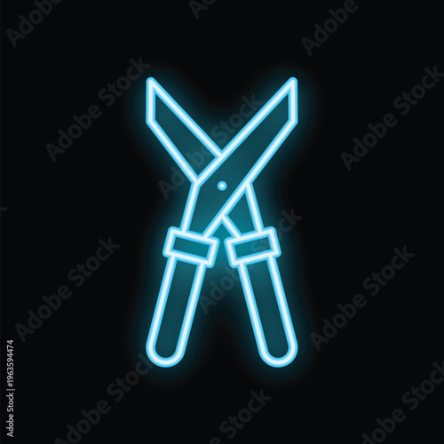 Glowing neon line gardening scissors icon isolated on black background. Vector