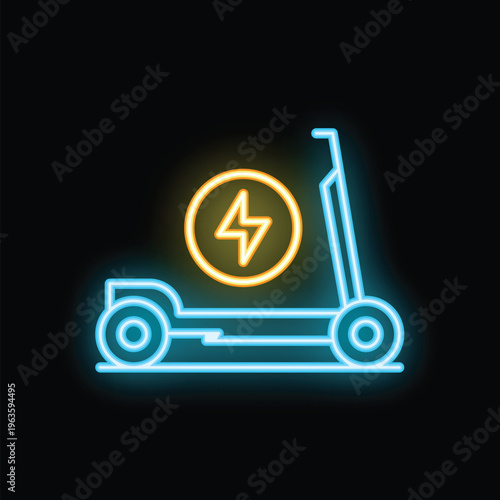 Blue and yellow neon electric scooter sharing icon glowing on dark background