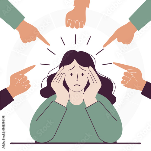 Stressed Out Woman Surrounded by Accusatory Fingers Illustration Portraying Pressure and Anxiety in Modern Daily Life