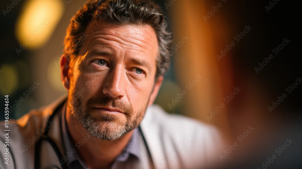 Fototapeta premium Male Doctor Listens to Patient in Consultation Room With Focus on Attentive Care and Communication in a Warm Clinical Environment
