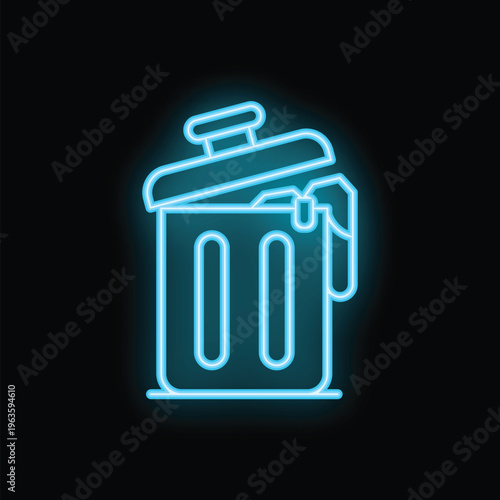 Bright blue neon sign of an overflowing trashcan, a symbol of excess, waste, and the need for responsible consumption