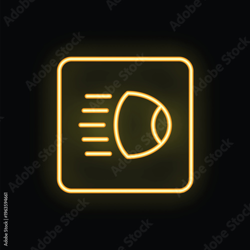Neon yellow car headlight icon glowing on black background is a minimalist representation of a vehicle's illumination system