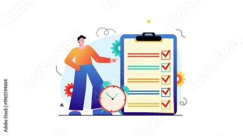 Business person reviewing checklist with stopwatch and gears, animated