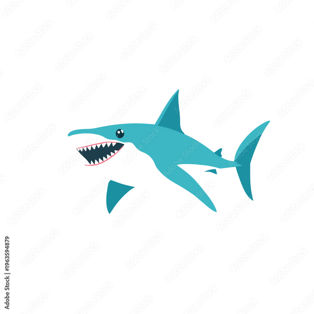 Fototapeta premium Shark Cartoon Vector Illustration. Cute Blue Shark Isolated on White Background. Ocean Predator Character Design. Underwater Sea Animal Graphic, Smiling Shark with Sharp Teeth.