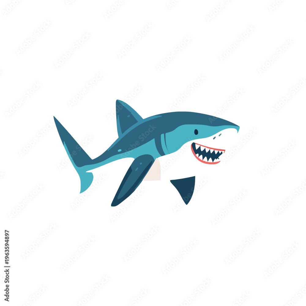 Fototapeta premium Shark Cartoon Illustration, Ocean Predator Attack, Graphic Design Element. Isolated Shark Vector with Sharp Teeth, Marine Animal Character. Great white shark, blue shark, vector mascot, icon