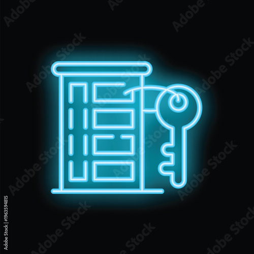 Blue neon icon of a hotel building with a key, representing the concept of hospitality and accommodation