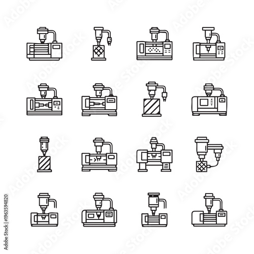 CNC Machines Set Precision Machining Tools Industrial Automation Equipment Line Art Style