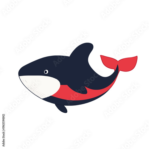 Orca Whale Illustration, Cute Cartoon Style Swimming - Isolated Marine Mammal Vector Graphic for Kids, Ocean Life Theme, Colorful Design Element, Red and Black Killer Whale Icon