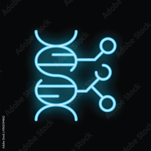 Glowing neon icon of a dna structure connecting with a molecule in a network, representing genetic engineering and biomedical research