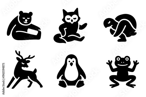 Silly Animal Yoga. Silly Wildlife Yoga. Filled icon set of Silly Wildlife Yoga: bear stretch, fox twist, owl