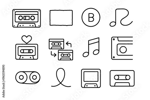 Cassette Iconography. Cassette mixtape culture. Line outline icon set of Cassette mixtape culture: mixtape