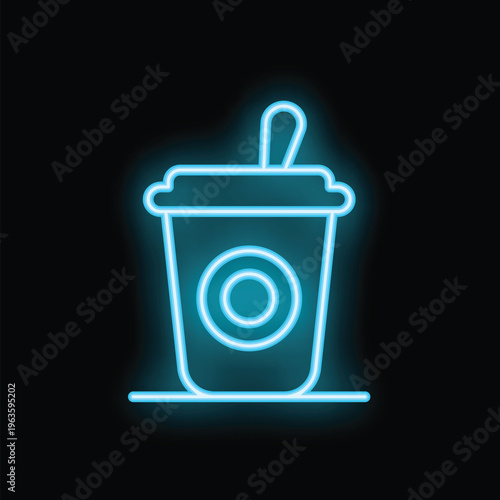 Blue neon light glowing coffee cup with straw on dark background is a modern illustration perfect for cafe, cafeteria, restaurant, and more