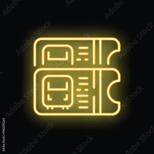Two bright yellow neon train tickets are glowing against a black background