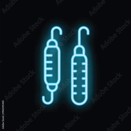 Blue neon icon of two bungee cords glowing on black background