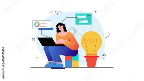 Freelance woman using laptop with analytics and idea light bulb animation