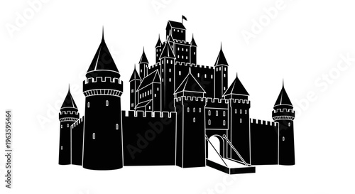 Black Silhouette of a Medieval Castle with Drawbridge