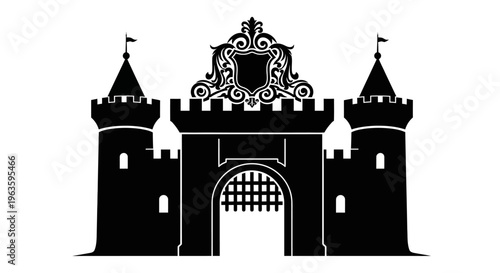 Black Silhouette of a Medieval Castle Gate with Heraldic Crest