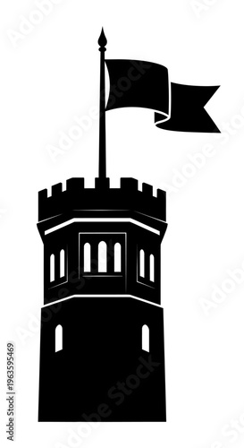 Black Silhouette of a Medieval Castle Tower with a Waving Flag