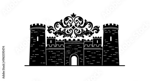 Black Silhouette of a Medieval Castle with Ornamental Flourish