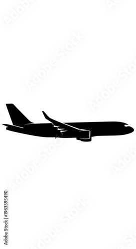 Black Silhouette of a Modern Passenger Airplane Isolated on White Background
