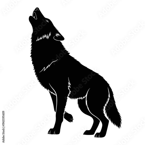 Black Silhouette of a Howling Wolf Isolated on White Background