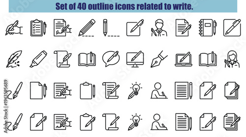 Set of 40 outline icons related to write. Linear icon collection. Editable stroke. Vector illustration
