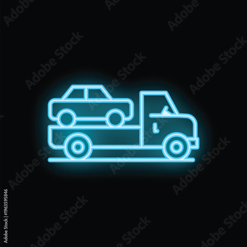Blue glowing neon icon of tow truck carrying a passenger car on a black background