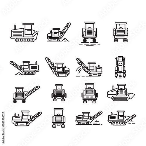 Construction Equipment Line Icons: Road Milling Machines and Compactors in Multiple Views
