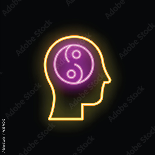 Neon sign illustrating the concept of balance with a yin yang symbol inside of a human head profile