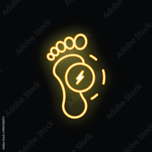 Glowing neon icon of a foot with a lightning bolt, symbolizing energy, health and wellness