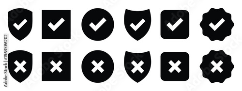 Check Mark Icons in Circle – Editable Stroke Tick Symbol Set. Red cross and green check mark icons correct incorrect symbols approval rejection concept vector illustration isolated modern flat design.