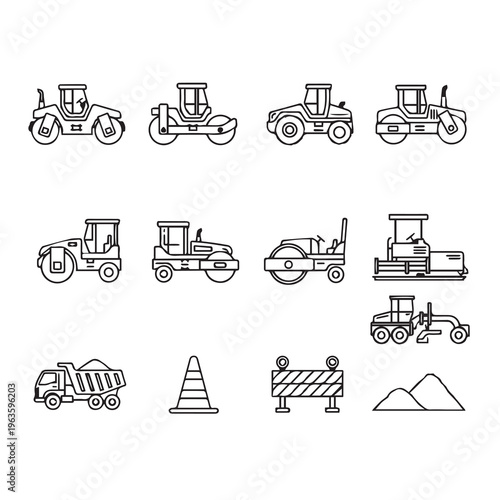 Construction Vehicles and Equipment Icons: Rollers Grader Dump Truck Cones BarrierClean Line Art Style