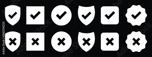 Shield security icon set, protection symbols, security icon with check mark and lock sign. Shield check mark icon set security protection verification safety approval black and white outline solid . 