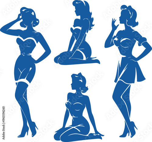 Vintage Pin-up Girl Silhouettes Set, Retro 1950s Style Woman Posing Vector Illustrations