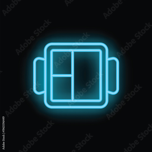 Neon lunchbox icon glowing on a black background, perfect for back to school projects