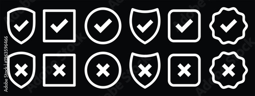 Shield security icon set, protection symbols, security icon with check mark and lock sign. Shield check mark icon set security protection verification safety approval black and white outline solid . 