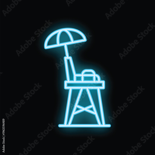 Blue neon icon of a lifeguard chair with an umbrella, glowing on a black background