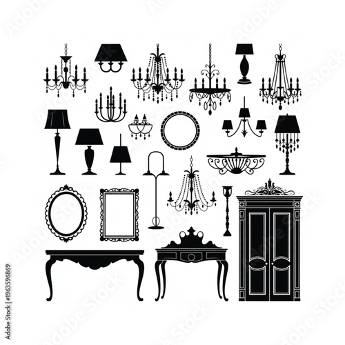 Collection of ornate black silhouettes depicting chandeliers mirrors and furniture