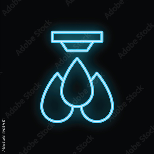 Blue neon icon of a fire sprinkler system activating to extinguish a fire